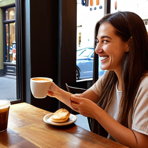 Home 4 **A person happily receiving a 50% off coupon for an Americano at their favorite cafe, symbolizing personalized data analysis benefits.**